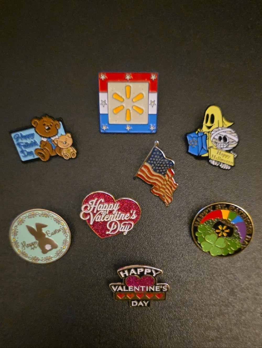 Set of 8 Collectible Hogeye, Wal-Mart Enamel Pins Holiday, Patriotic, Lapel Pins